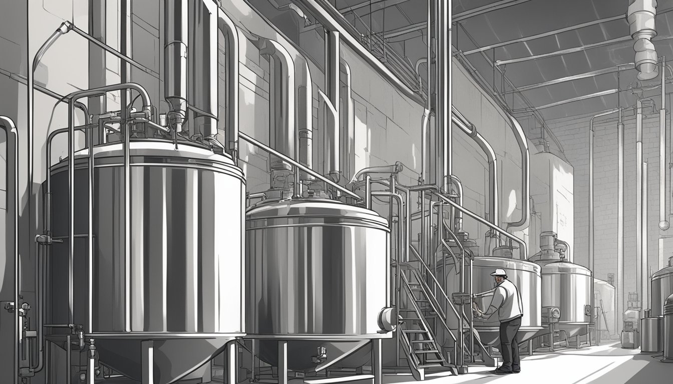 A brewery worker pours hops into a large steel vat as steam rises from the brewing process. Bottles and kegs line the walls, ready for filling