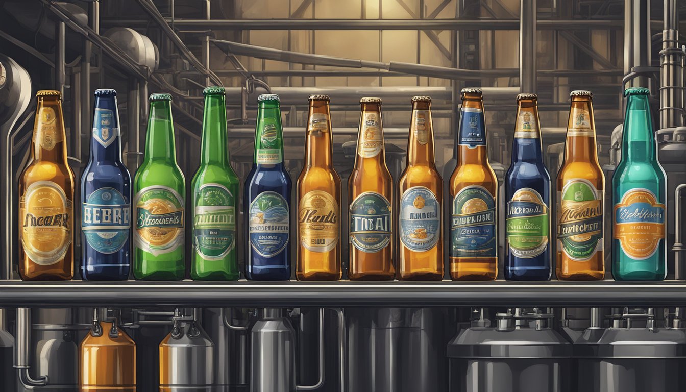 A row of colorful local beer bottles and cans against a backdrop of industrial brewing equipment