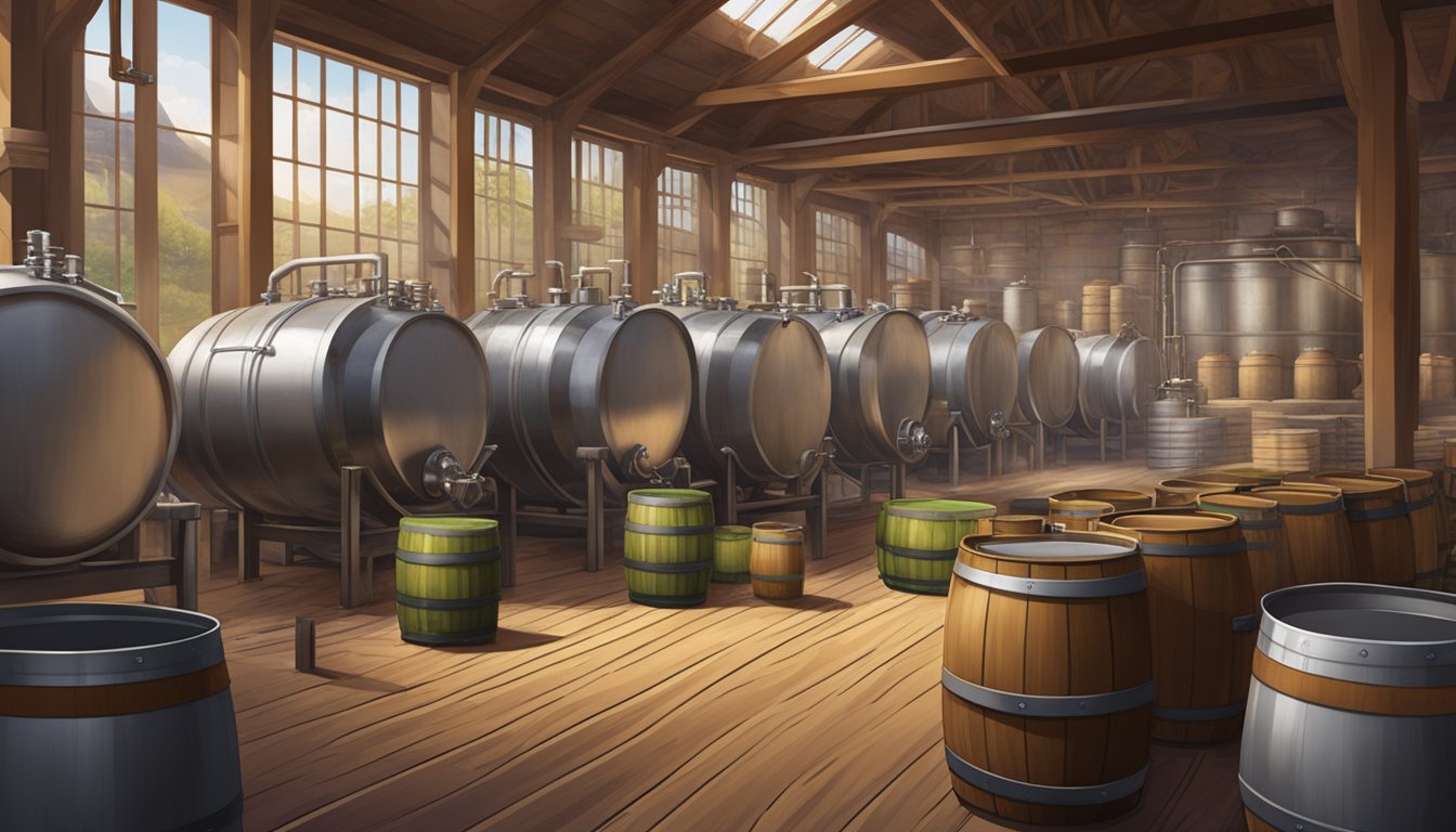 A brewery scene with large steel vats, pipes, and hoses, surrounded by stacks of wooden barrels and bags of malt and hops