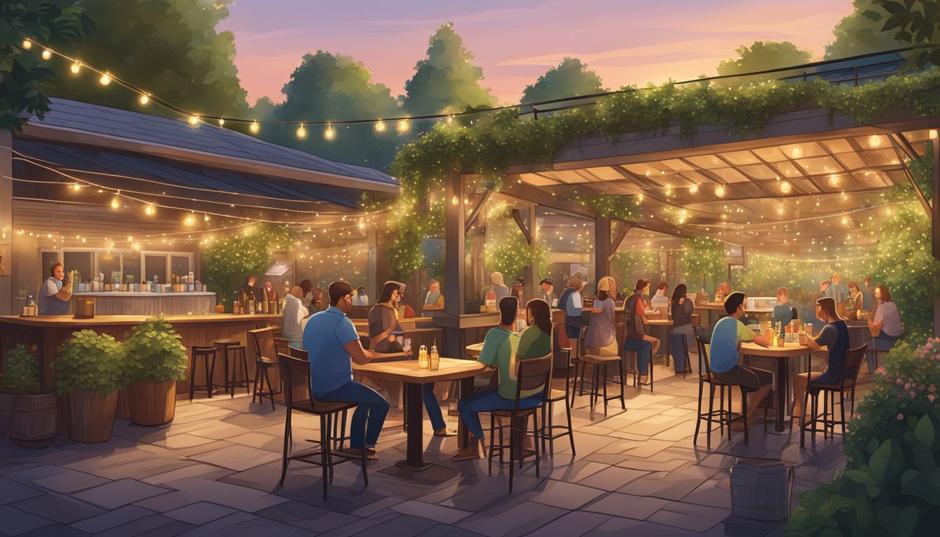 A bustling outdoor brewery patio and a cozy indoor taproom, surrounded by lush greenery and twinkling string lights