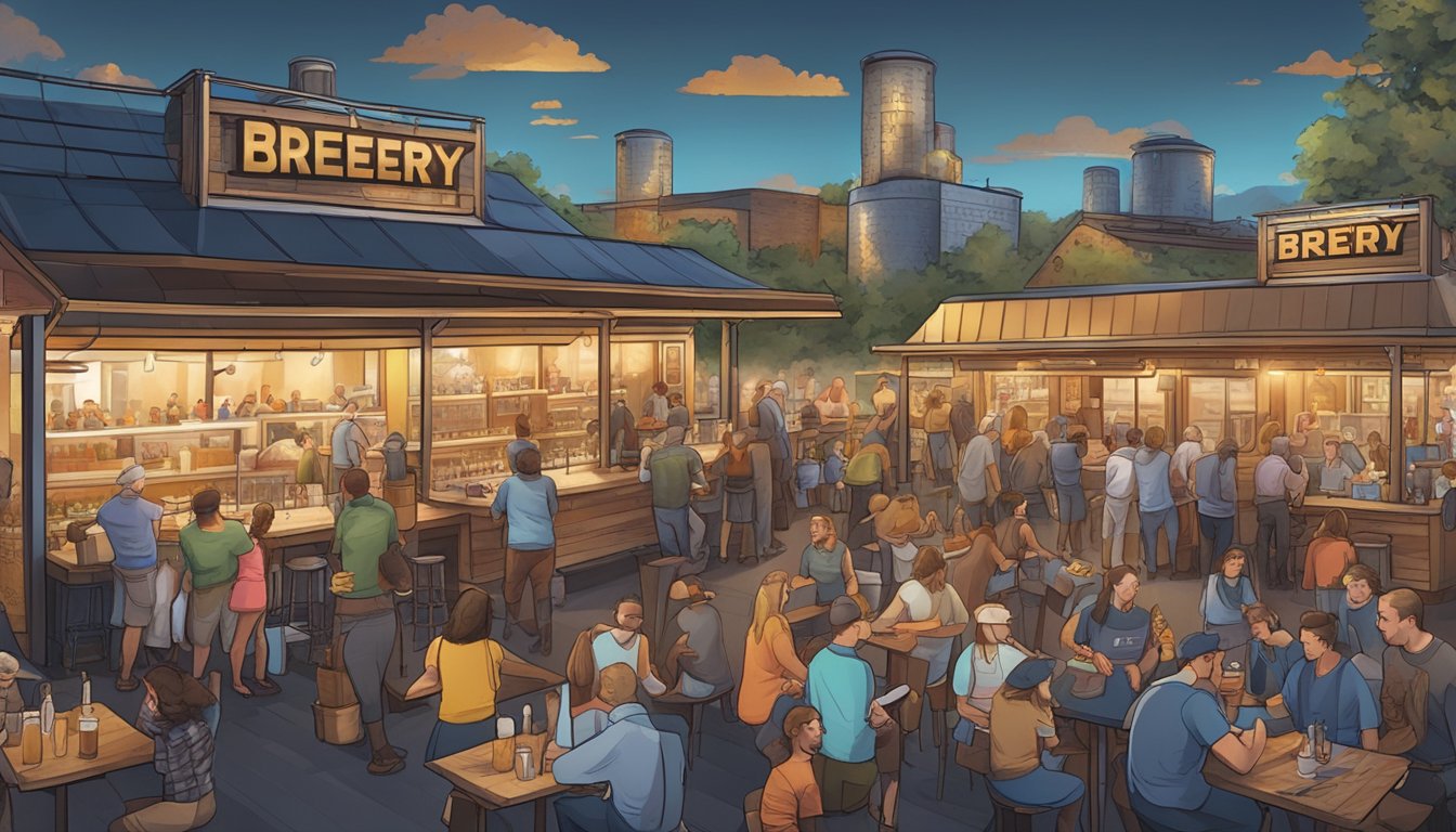 A bustling brewery scene with patrons enjoying tastings, live music, and food trucks in the background