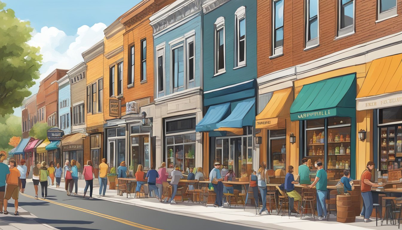 A bustling street lined with colorful storefronts, inviting patrons to explore the local craft beer scene in Naperville, IL