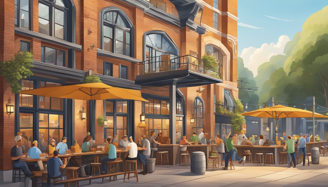 A bustling brewery scene with unique architecture, outdoor seating, and a variety of beer taps