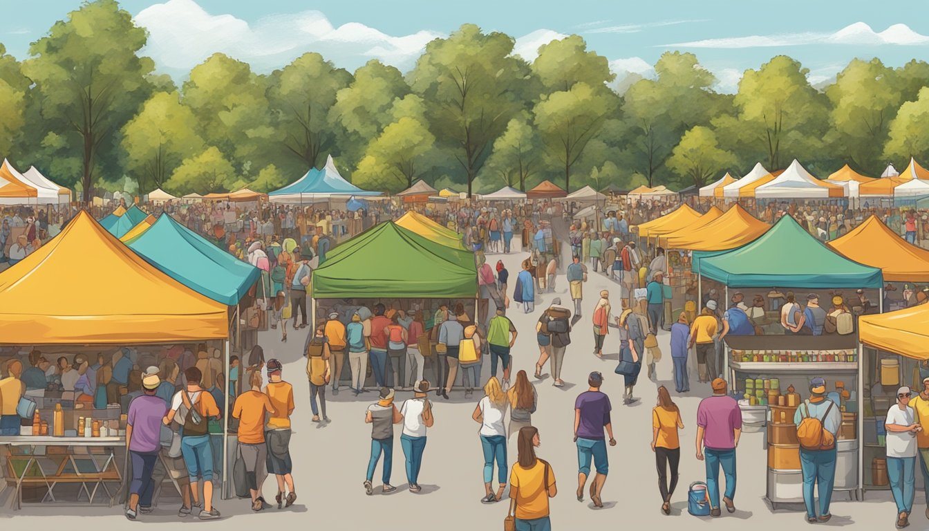 A bustling outdoor beer festival in Naperville, IL, with rows of craft beer vendors and a lively community enjoying tastings and socializing