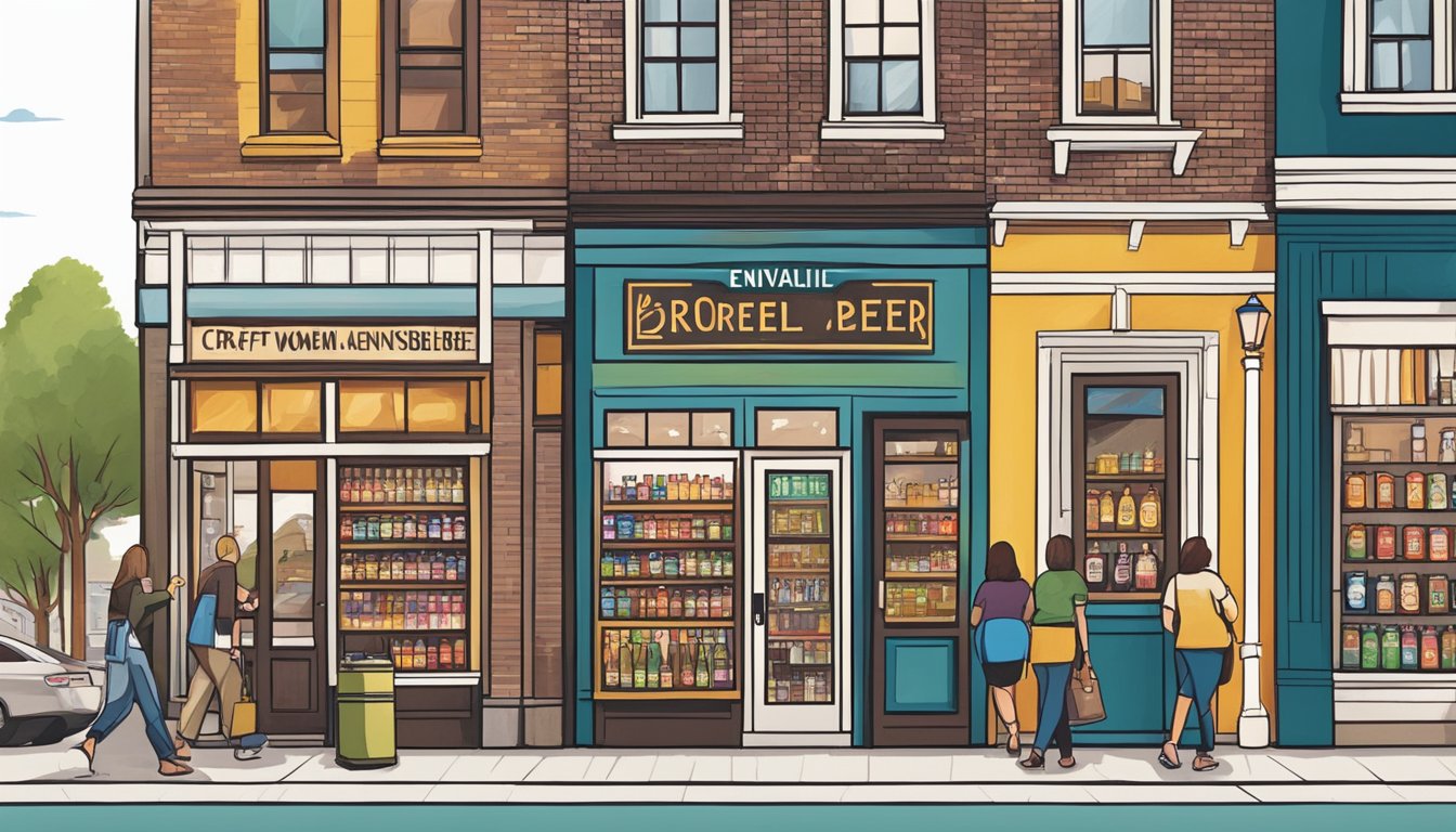 A bustling street lined with colorful storefronts, each displaying a unique sign for a woman-owned craft beer establishment in Evansville, IN