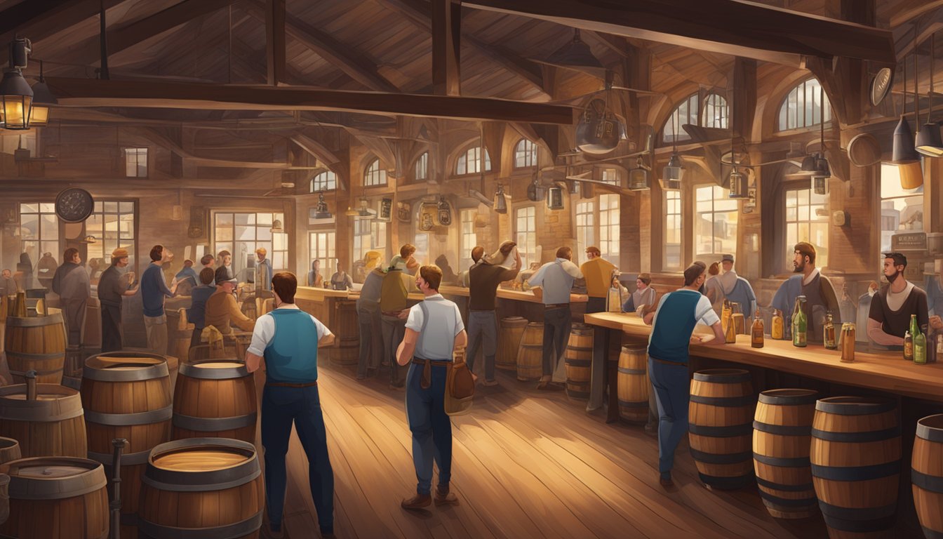 A bustling brewery scene with various beer taps, wooden barrels, and patrons enjoying tastings