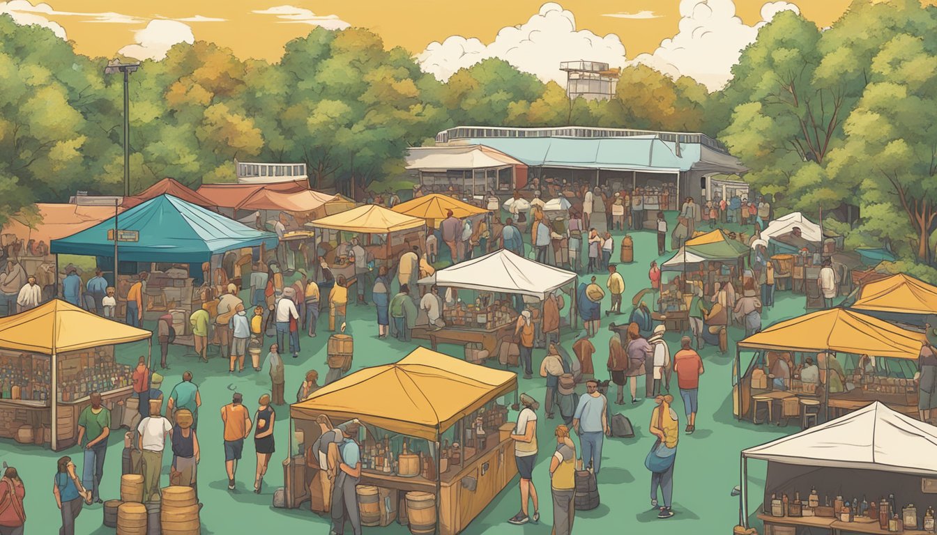 A bustling craft beer festival in Shreveport, Louisiana, with a variety of local breweries showcasing their unique flavors and styles. Patrons enjoy tastings, live music, and food trucks in a vibrant, outdoor setting