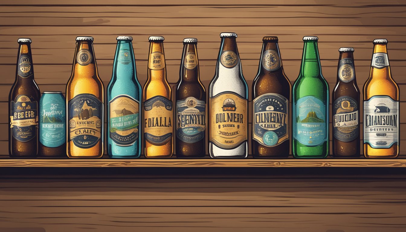 A row of colorful craft beer bottles and cans displayed on a rustic wooden shelf with brewery logos and labels visible