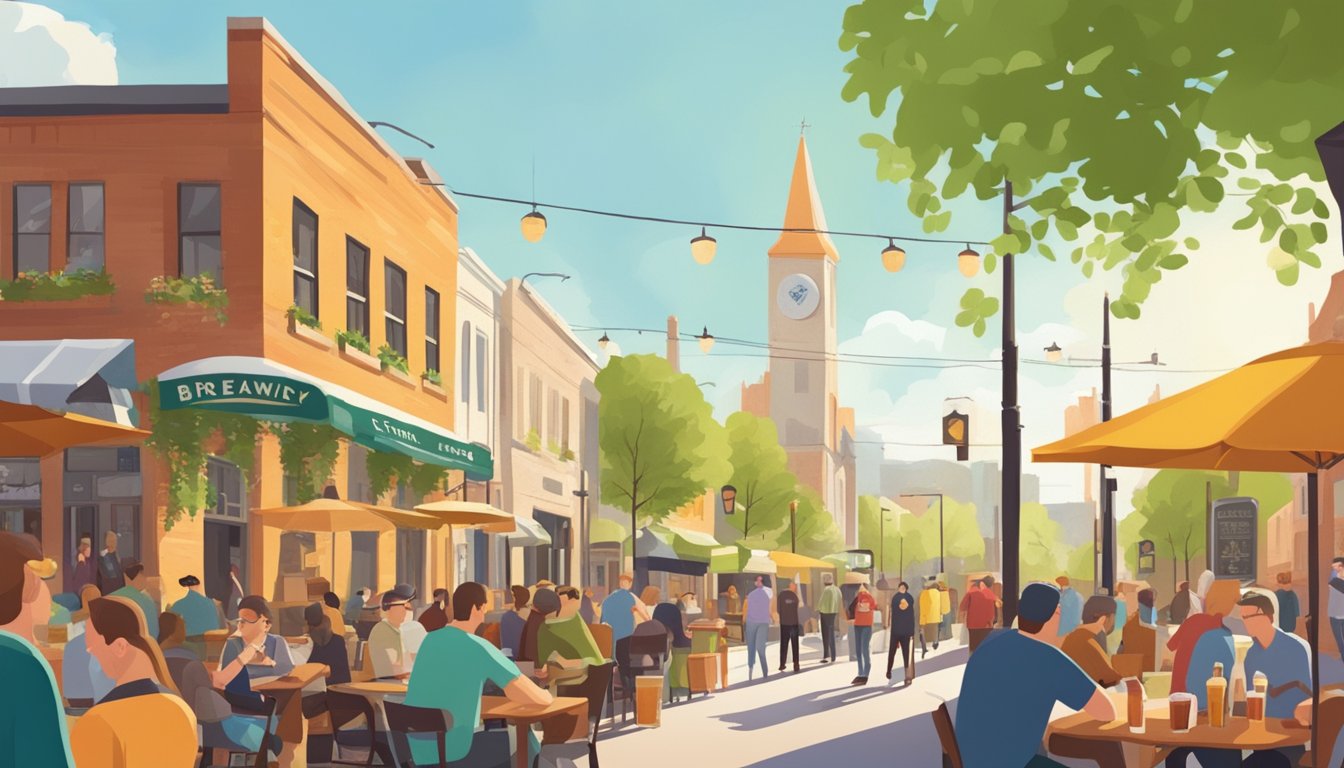 A bustling street lined with colorful brewery signs and outdoor seating, with people enjoying local craft beers in the spring sunshine