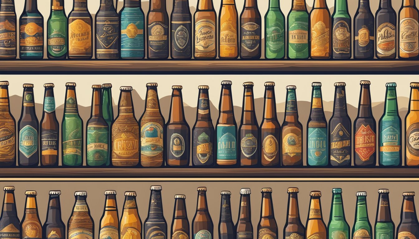 A row of colorful, handcrafted beer bottles and cans line the shelves of a cozy local brewery, each labeled with unique and creative designs