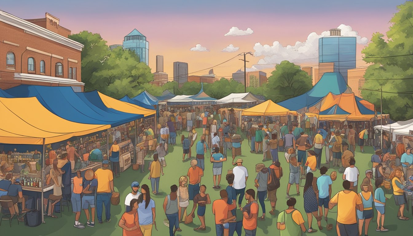 A bustling local craft beer festival in Shreveport, Louisiana, with vendors, live music, and a diverse crowd enjoying the community and events