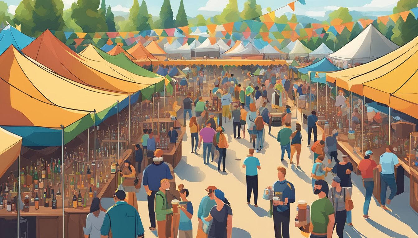 A bustling beer festival with rows of colorful tents, people sampling various craft beers, live music filling the air, and a vibrant atmosphere