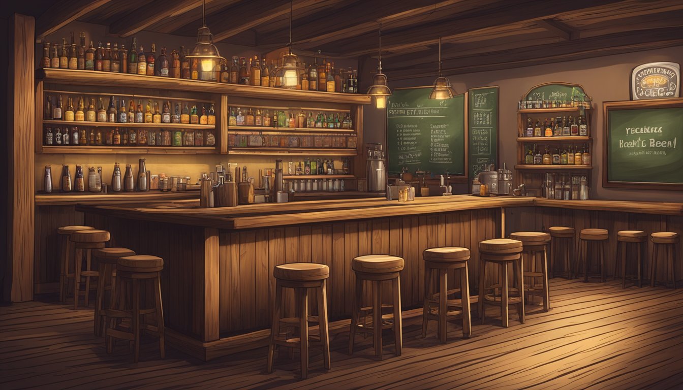 A cozy taproom with a rustic bar, lined with shelves of local craft beer bottles and a chalkboard menu. A warm, inviting atmosphere with dim lighting and wooden furnishings