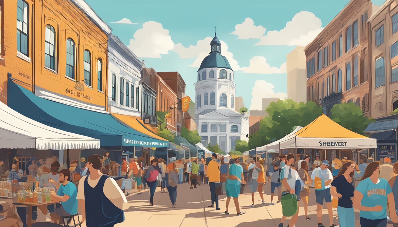 A bustling street festival with people sampling local craft beers in front of historic Shreveport landmarks