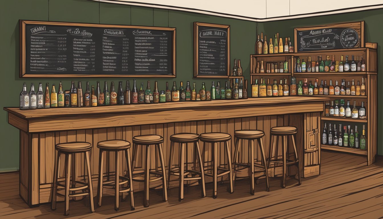 A rustic wooden bar with a variety of meads, ciders, and craft beers displayed on shelves behind it. A chalkboard menu lists the local options