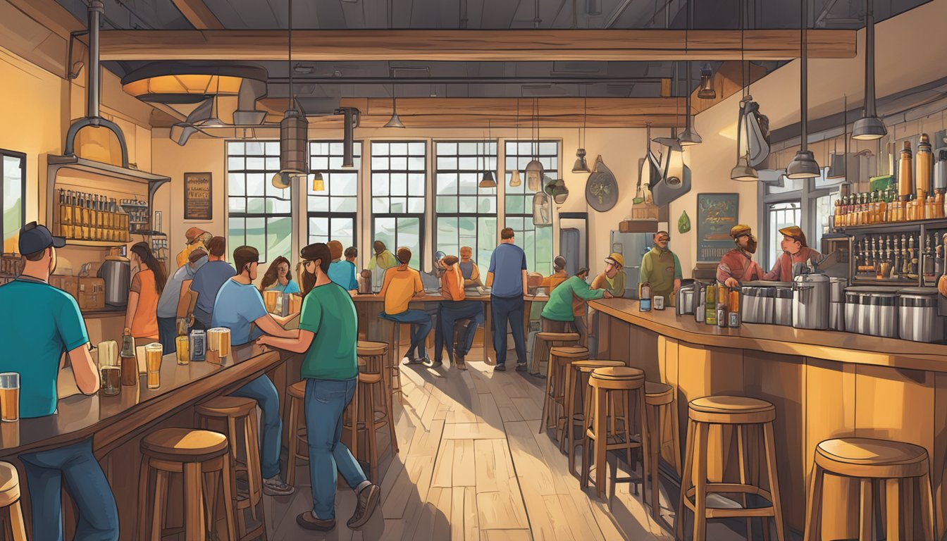 A bustling craft brewery scene in Shreveport, with diverse beer styles and local ingredients showcased in a vibrant taproom