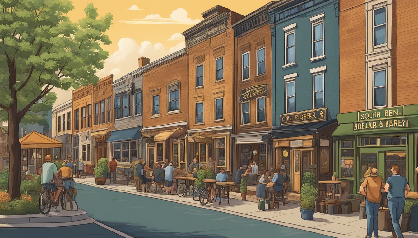 A group of diverse breweries line the streets of South Bend, Indiana, each with its own unique charm and character. The aroma of hops and barley fills the air as patrons sample a variety of craft beers