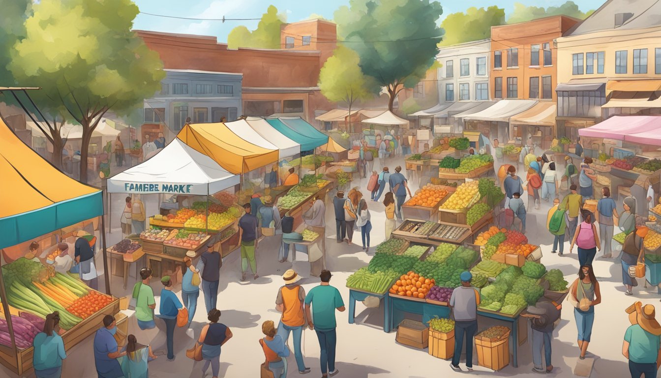 A bustling farmers market with colorful produce stands and a local craft beer tent, surrounded by lively music and happy patrons