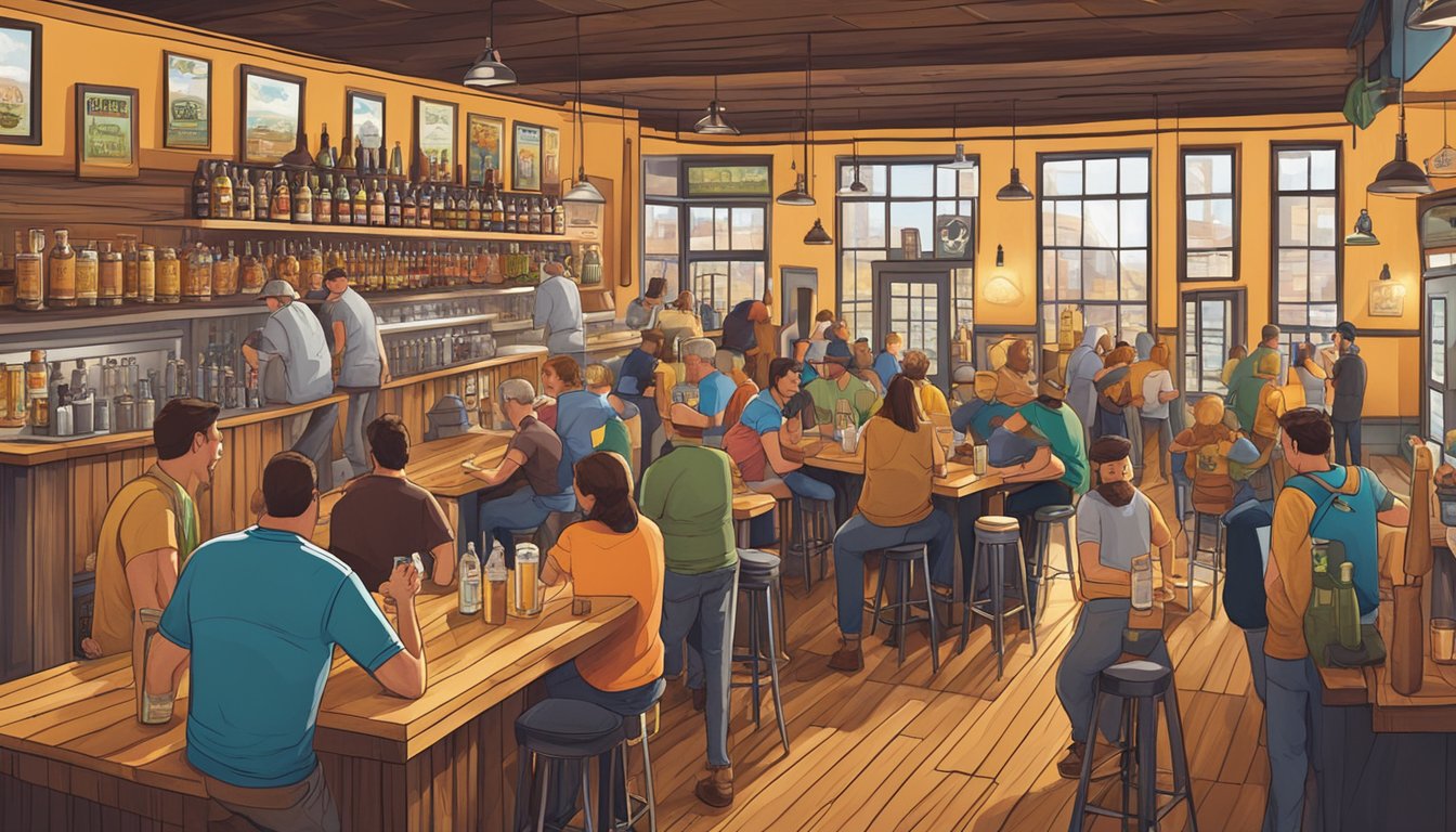 A bustling brewery scene in Fishers, IN with patrons enjoying local craft beers in a vibrant and lively atmosphere