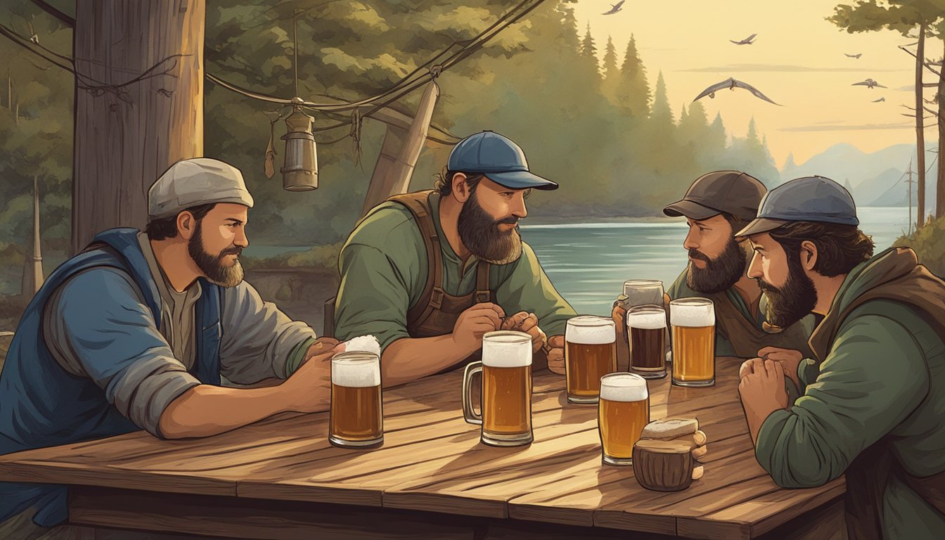 A group of fishermen gather around a rustic wooden table, sipping on various local craft beers. The air is filled with the aroma of hops and malt, while the fishermen discuss the flavor profiles of the different brews