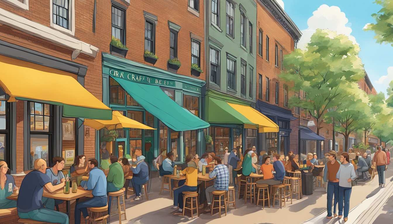 A bustling street lined with colorful craft beer breweries and cozy pubs in Cambridge, MA. Patrons enjoy outdoor seating and lively conversations