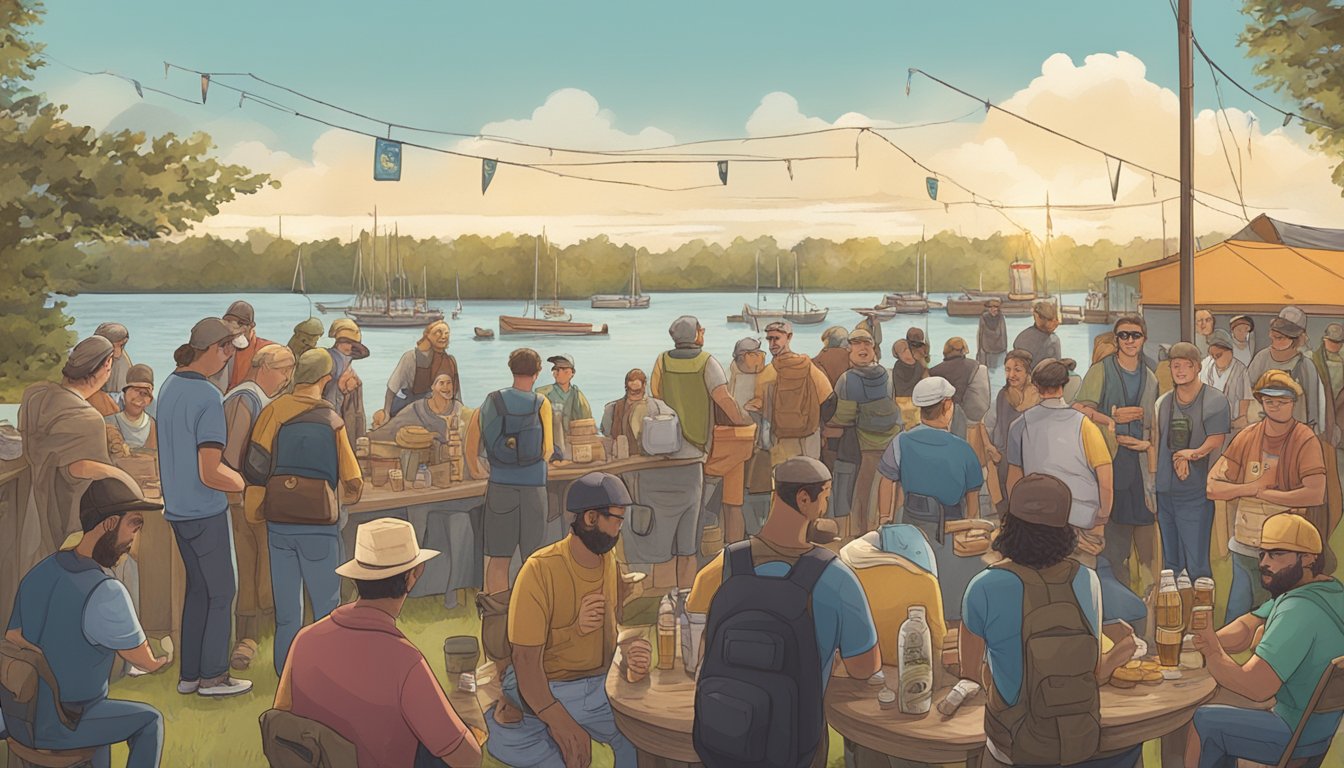 A group of fishers gather at a community event, surrounded by local craft beer and a guide