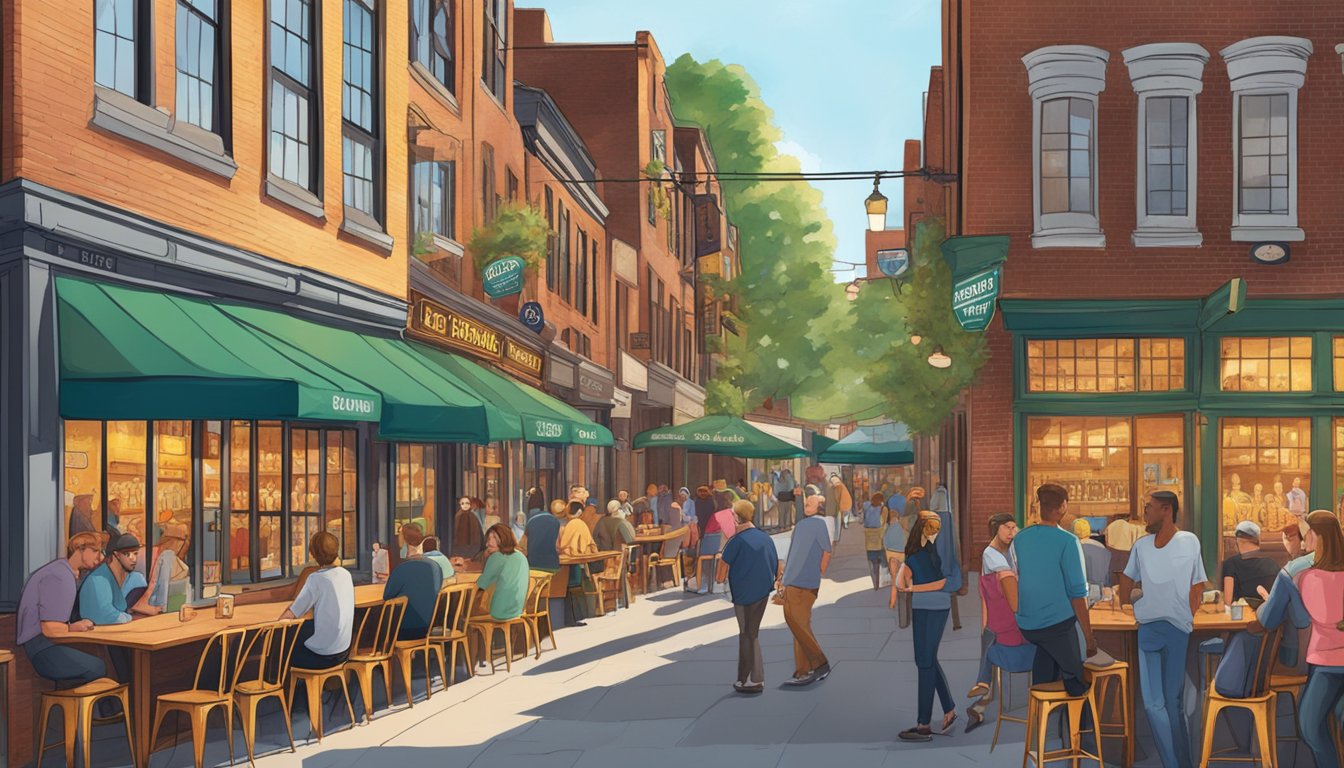 A bustling street lined with colorful brewery signs and outdoor seating, with patrons enjoying craft beer in the heart of Cambridge, MA