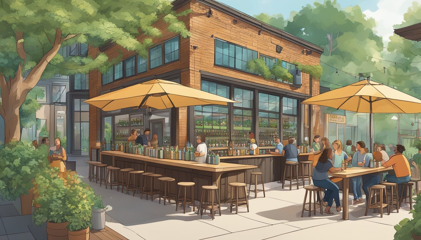 A bustling taproom with a diverse selection of craft beer, surrounded by lush greenery and a welcoming outdoor patio