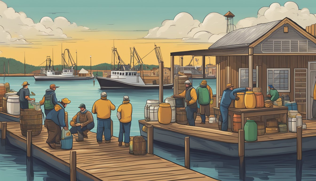 Local fishers unloading fresh catch onto docks, while craft beer guide features local breweries and vibrant beer labels