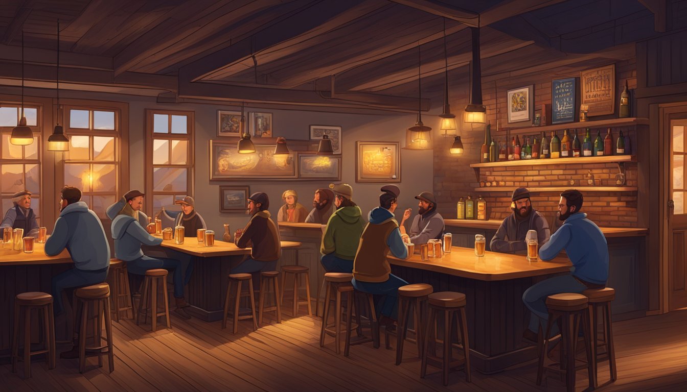 A cozy brewery with dim lighting, wooden tables, and a warm fireplace. Patrons chat and enjoy pints of craft beer in the lively ambiance