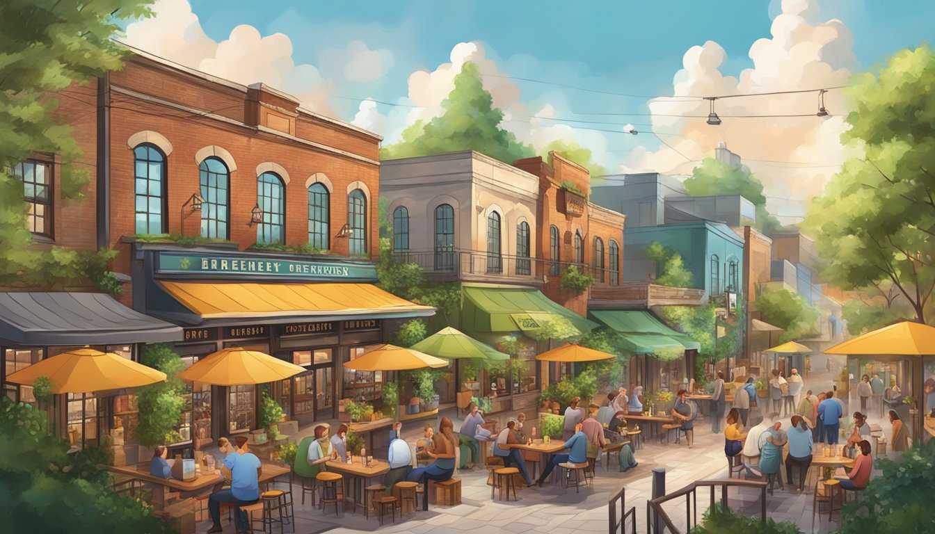 A bustling brewery district with colorful taprooms and outdoor seating, surrounded by lush greenery and a vibrant local beer culture