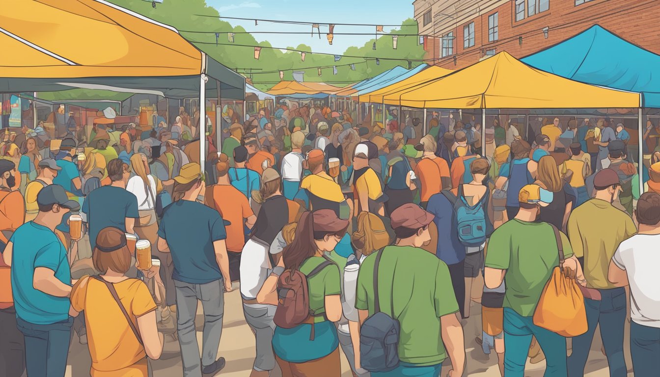 A bustling craft beer festival in Overland Park with rows of colorful beer taps and people sampling different styles