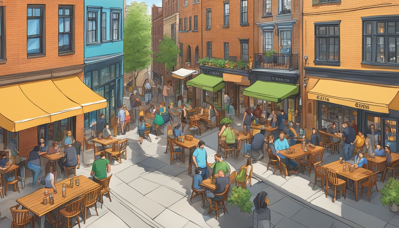 A bustling street lined with colorful craft beer breweries and cozy pubs in the heart of Cambridge, MA. Patrons enjoy outdoor seating and lively conversation