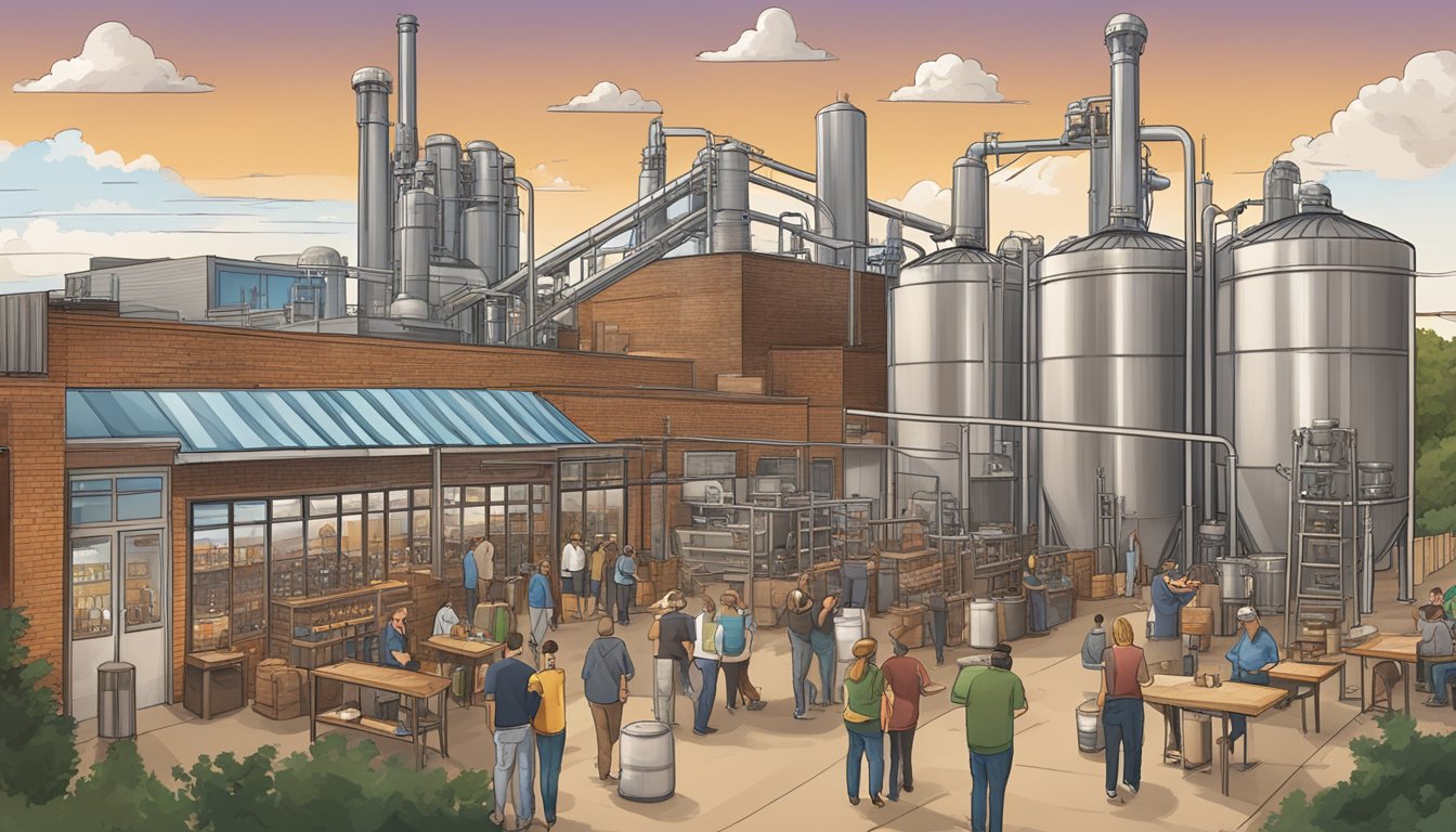 A bustling craft brewery scene in Kansas City, KS, with beer tastings, brewing equipment, and local landmarks in the background