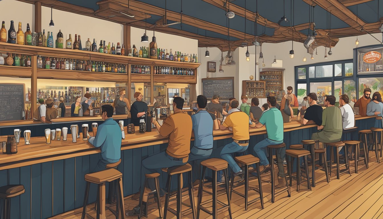 A bustling taproom with a variety of craft beer taps, local brewery logos, and patrons enjoying drinks and conversation