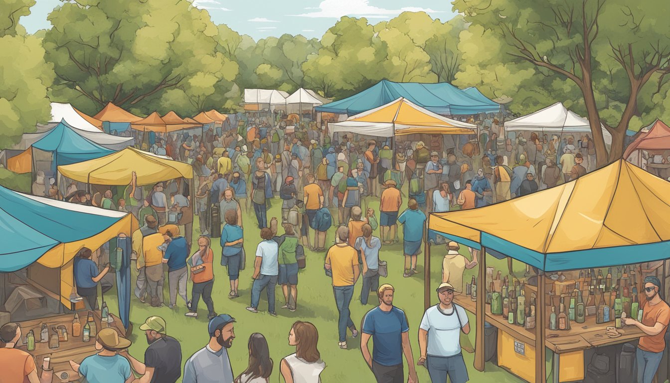 A bustling craft beer festival in Overland Park, KS, with local breweries showcasing their environmentally and community-friendly initiatives