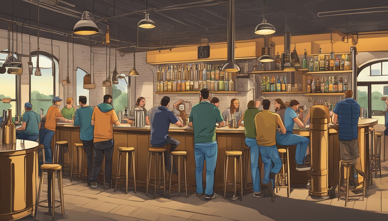 A bustling craft brewery scene in Kansas City, Kansas, with various beer styles on tap and patrons enjoying the local brews