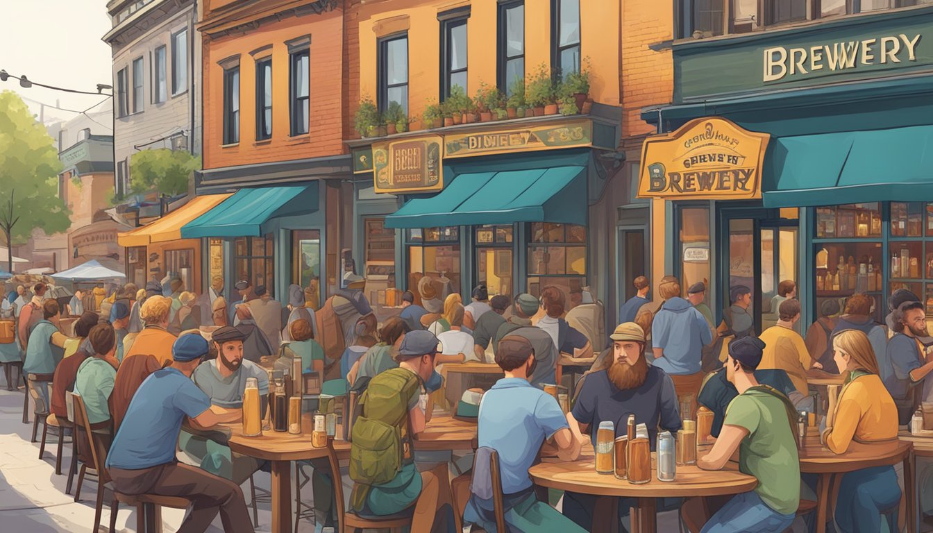 A bustling street lined with colorful and unique brewery signs, with people enjoying craft beer at outdoor tables