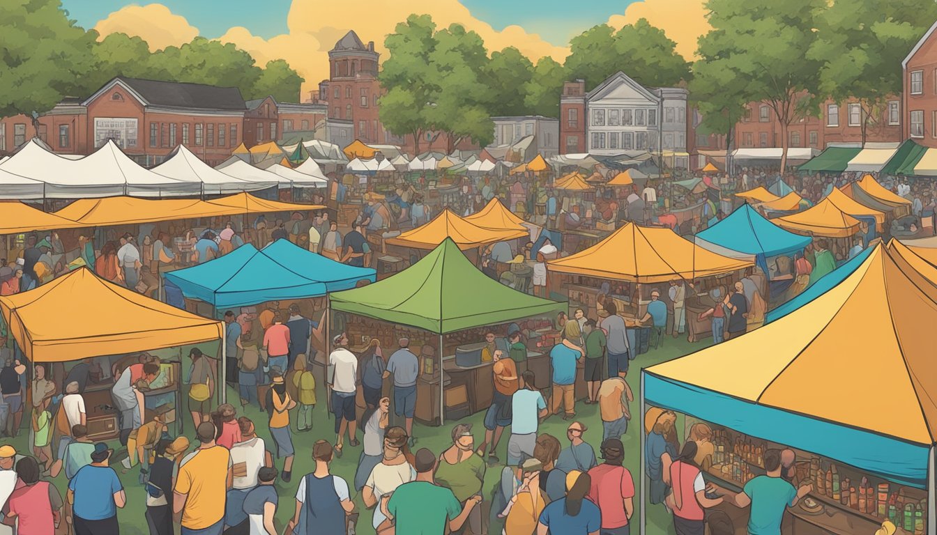 A bustling outdoor beer festival in New Bedford, MA, with rows of colorful tents, live music, and people enjoying craft beer samples