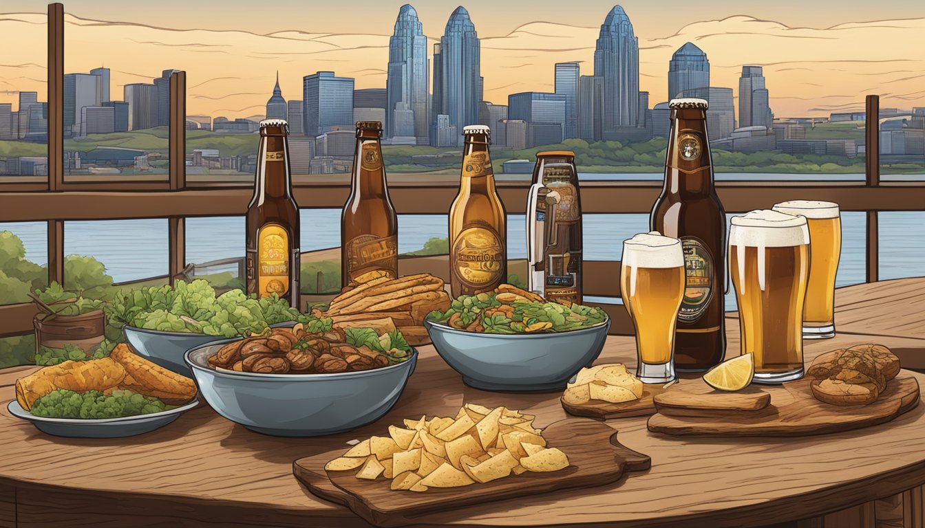 A rustic wooden table set with an array of local craft beers and various gourmet food pairings, with the Kansas City skyline in the background