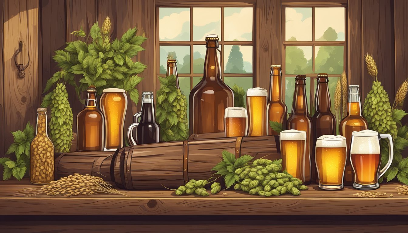 A rustic brewery setting with a variety of local craft beer bottles and glasses on a wooden table, surrounded by hops and barley