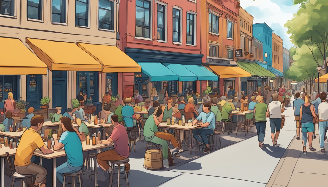 A bustling street lined with colorful craft beer breweries and lively outdoor seating