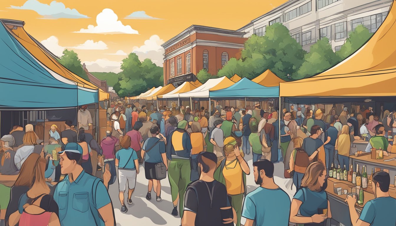 A bustling craft beer festival in Lexington, KY with diverse vendors and enthusiastic patrons sampling and enjoying local brews