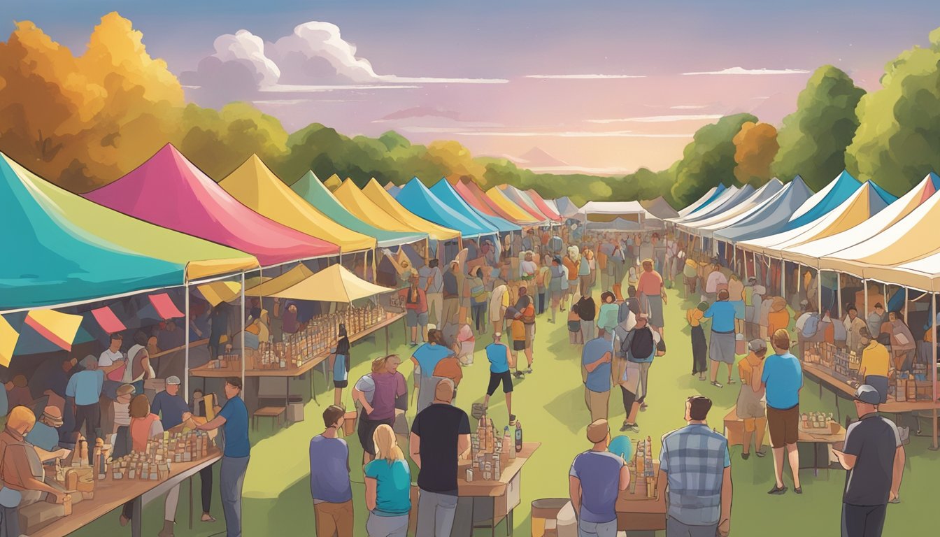 A bustling craft beer festival in Topeka, with rows of colorful tents, people sampling beers, and live music filling the air