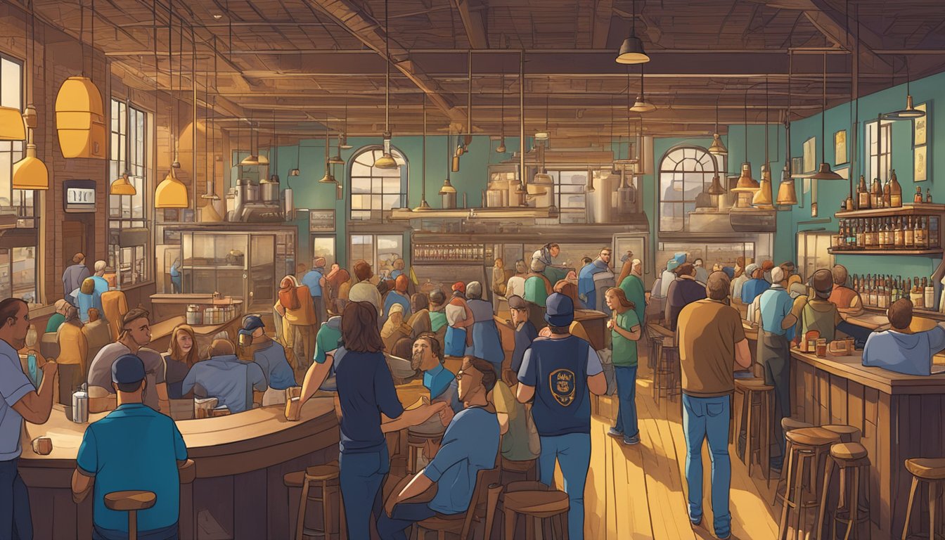 A bustling brewery scene in Topeka, with patrons enjoying locally crafted beers in a vibrant and lively atmosphere