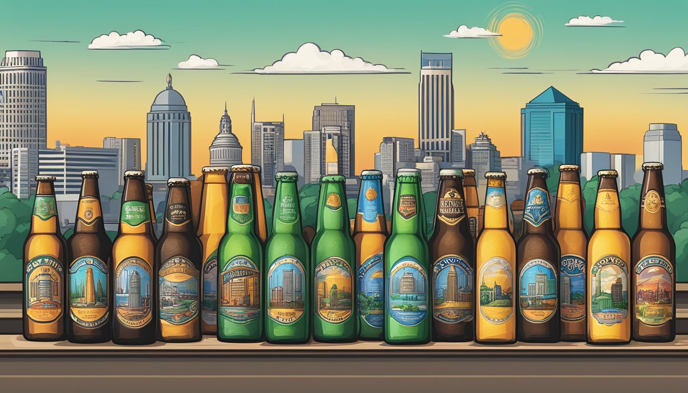 A row of colorful craft beer bottles and cans on display, with a backdrop of Topeka's skyline and local landmarks