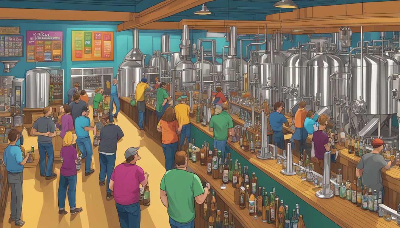 A bustling taproom with patrons sampling a variety of craft beers, surrounded by stainless steel brewing equipment and colorful beer labels