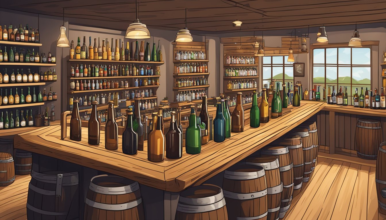 A bustling taproom with wooden barrels, beer taps, and a variety of craft beer bottles displayed on shelves. Customers enjoy tasting flights at the bar