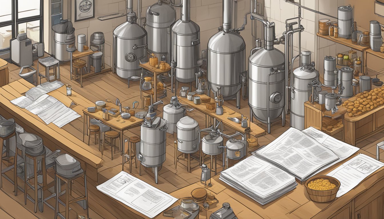 A brewery scene with various brewing equipment, ingredients, and recipe notes scattered on a table in Topeka, KS