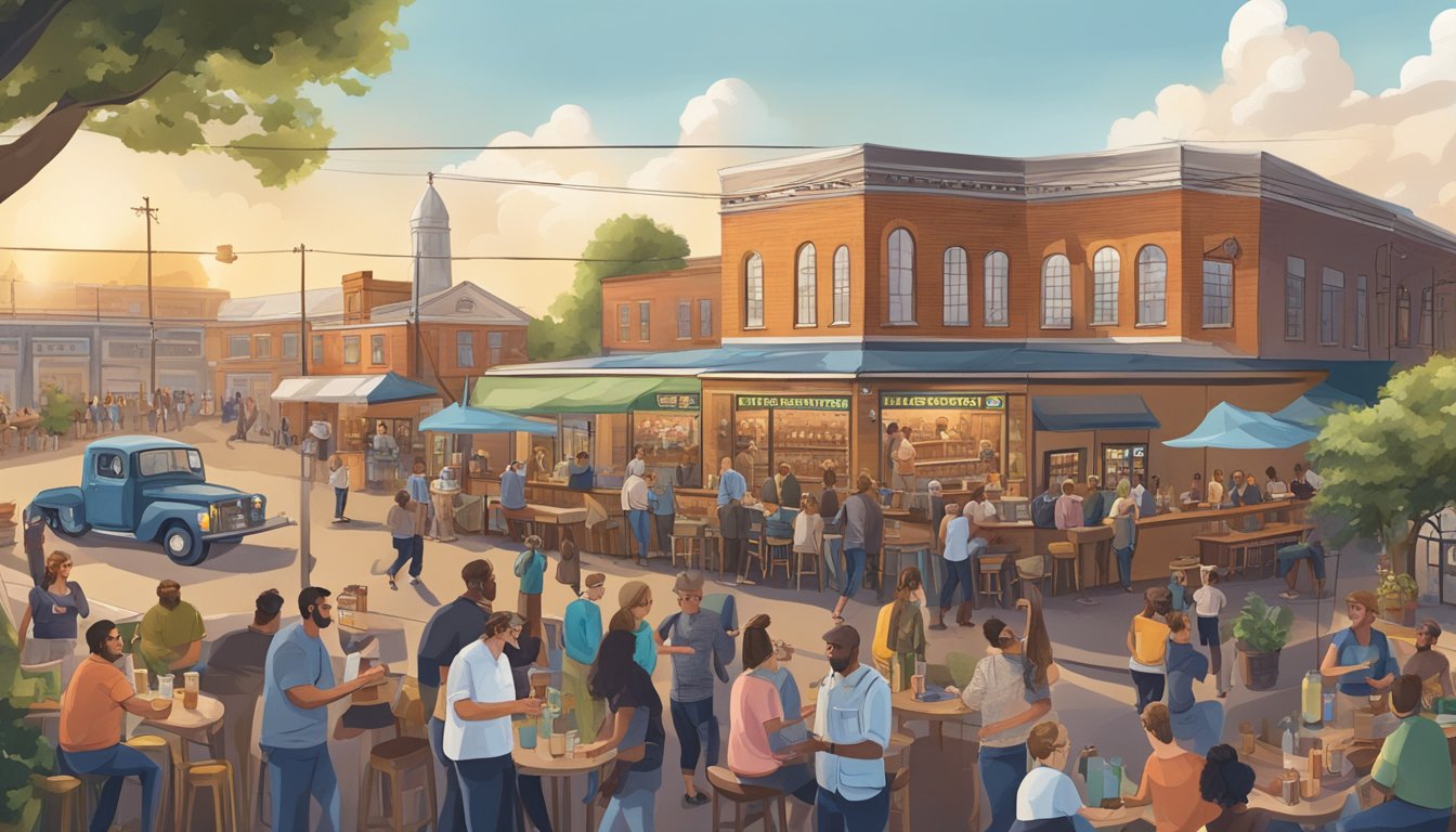 A bustling brewery scene with people enjoying craft beer flights, live music, and food trucks in Lafayette, LA